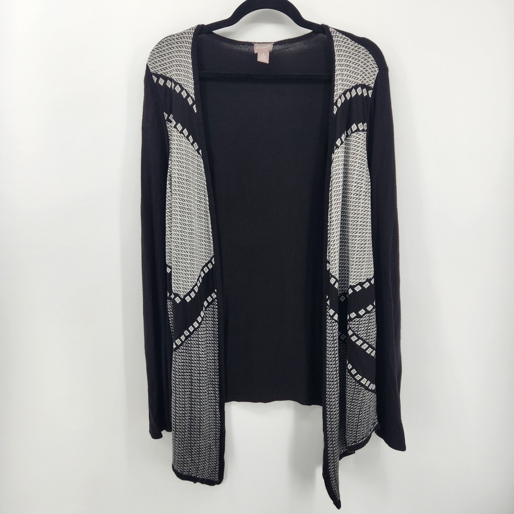 Chicos Black Open Front Cardigan Geometric‎ Trim Long Sleeve Size 1 / US M